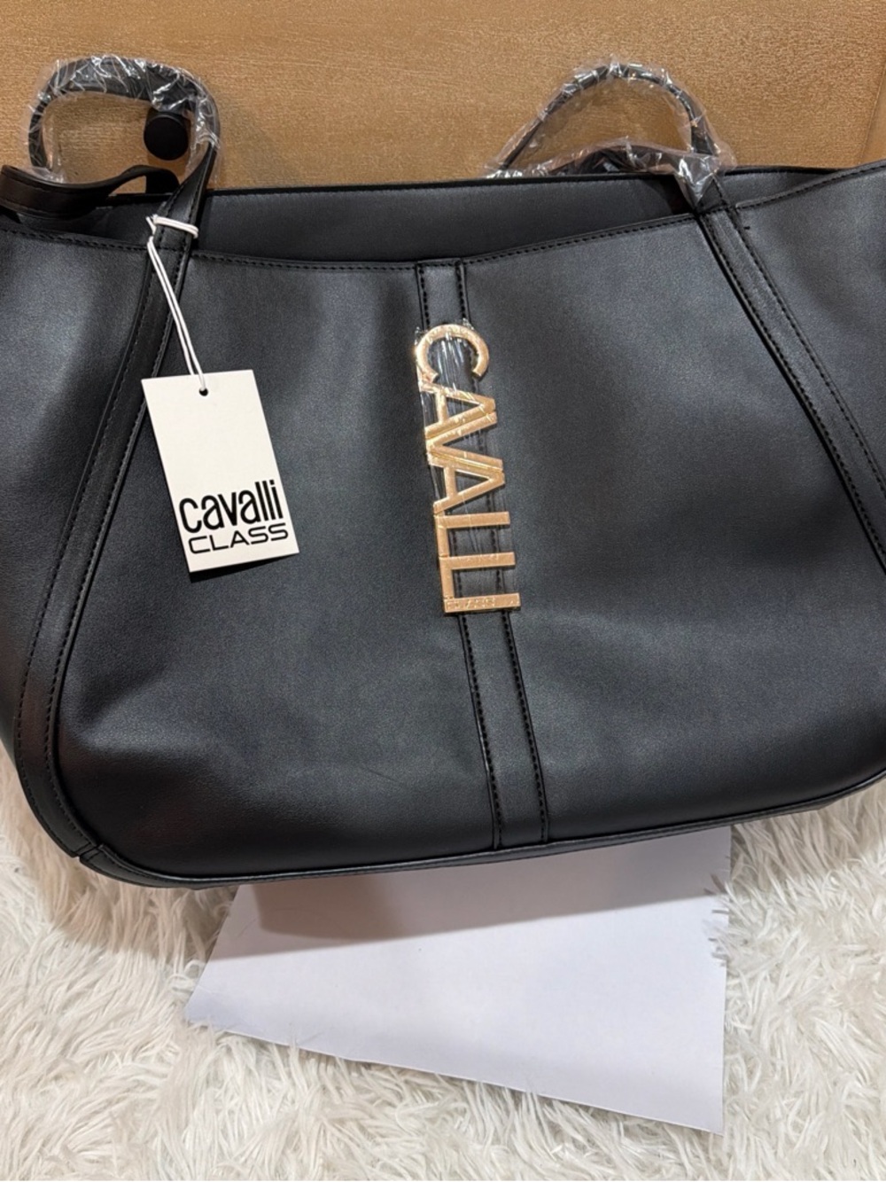 Cavalli Class Black Tote with Gold Logo Charm